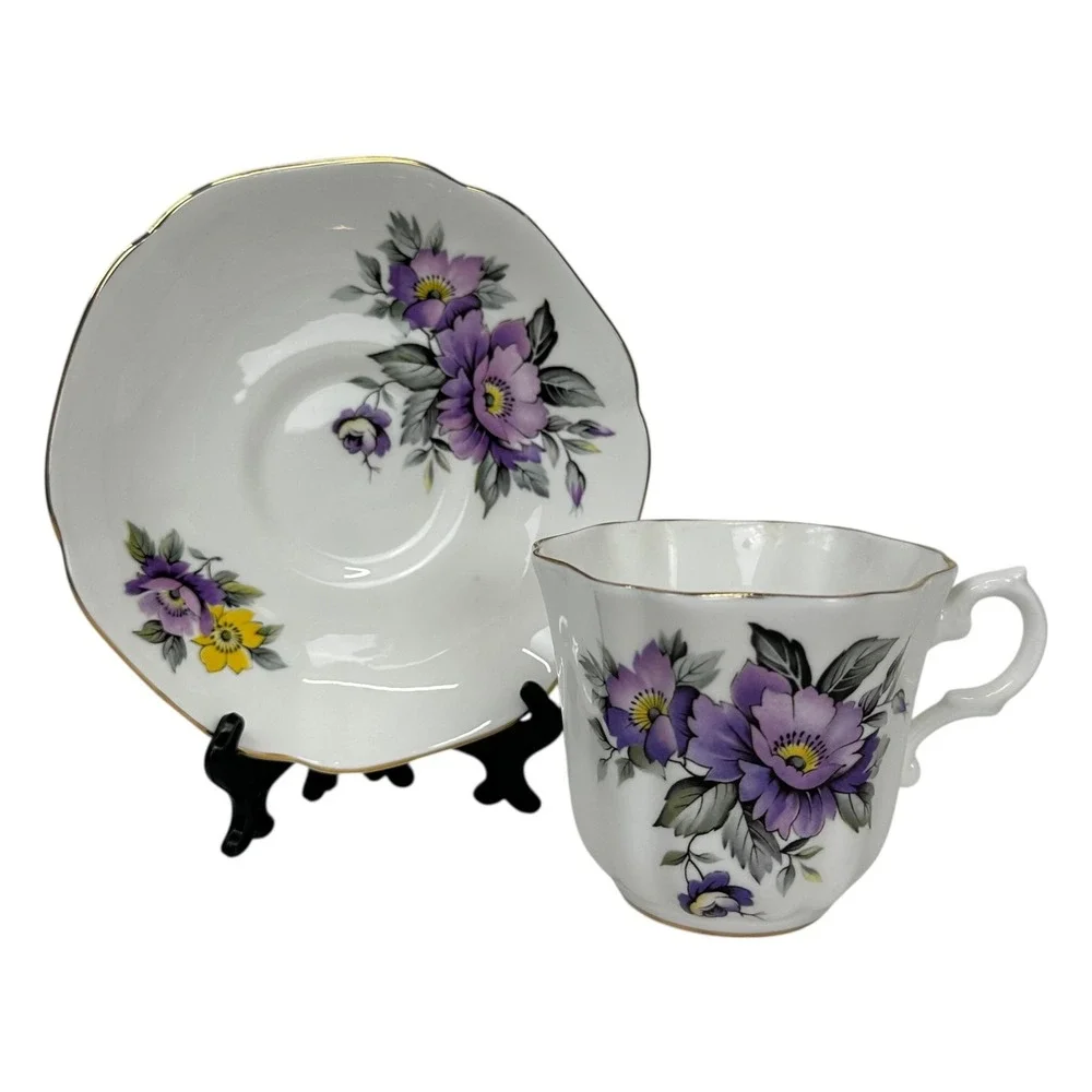VTG Royal Grafton Tea Cup Saucer Purple Floral Scalloped Bone China England Gold